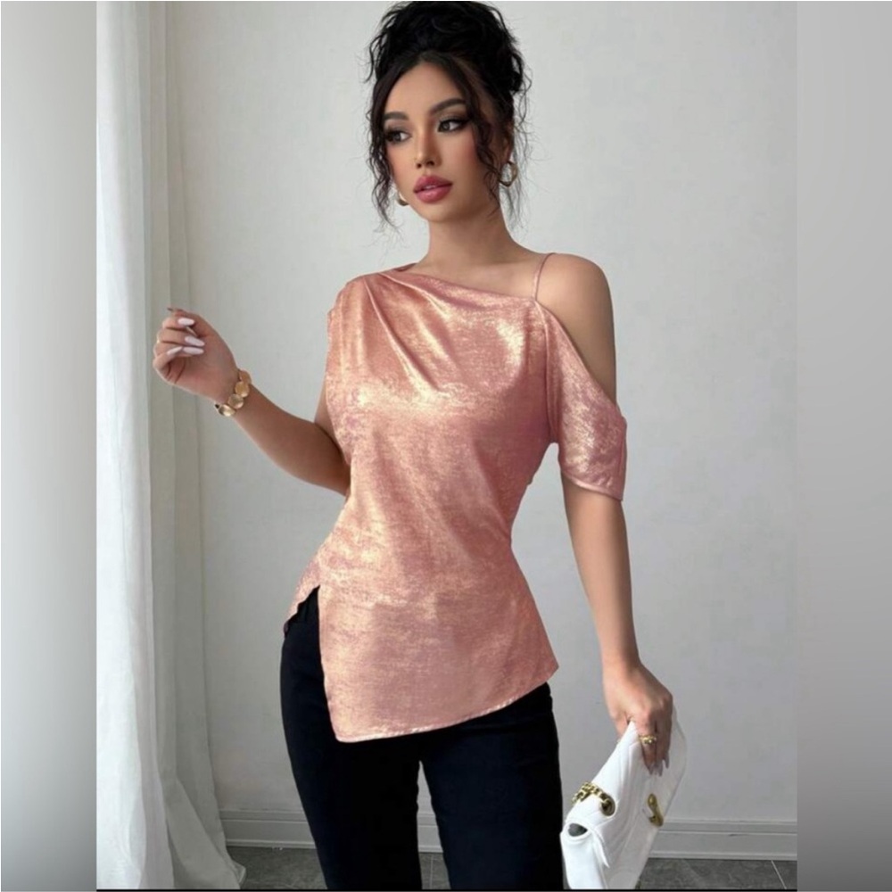 Pink and Gold Metallic corset back offset shoulder blouse